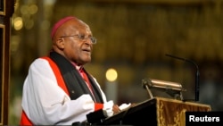 Archbishop Tutu speaks during a memorial service for former South African President Nelson Mandela at Westminster Abbey in London March 3, 2014. Mandela died on December 5, 2013 at the age of 95. 