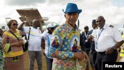 FILE - Congolese Presidential candidate Moise Katumbi arrives at the Beni airport after holding a campaign rally in the town of Butembo, North Kivu province, Democratic Republic of Congo, November 26, 2023.