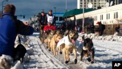 FILE - In this March 7, 2015 photo, musher Peter Kaiser leads his team past spectators during the ceremonial start of the Iditarod Trail Sled Dog Race, in Anchorage, Alaska. Kaiser has become the latest Alaska Native to win the Iditarod dog sled race. 
