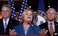 FILE - Rep. Ileana Ros-Lehtinen, R-Fla., speaks during a news conference on Capitol Hill in Washington, Nov. 9, 2017.