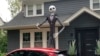 A towering figure of Jack Skellington from the film 'The Nightmare Before Christmas' appears in front of a house in Westchester County, NY, on Sept. 23, 2024.