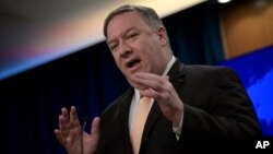 FILE - U.S. Secretary of State Mike Pompeo speaks during a news conference, April 22, 2019, at the Department of State in Washington. 