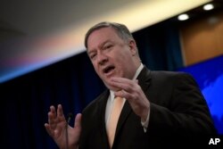 Secretary of State Mike Pompeo speaks during a news conference on Monday, April 22, 2019, at the Department of State in Washington.