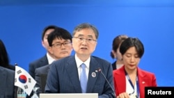 조현 한국 외교부 장관이 2026년 7월 23일 메트로 마닐라에서 열린 제59차 아세안 외교장관 회의에서 발언하고 있다.