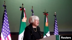 2023年12月6日，美国财政部长耶伦在墨西哥墨西哥城举行的纪念美国和墨西哥建交200周年的活动中发表讲话。（路透社照片）
