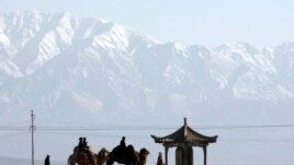 FILE - Visitors ride camels outside the Jiayuguan Pass Town in front of the snow-covered Qilian Mountains in Jiayuguan, northwest China's Gansu province April 28, 2007. REUTERS/Jason Lee