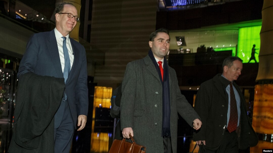 Under Secretary for International Affairs David Malpass of the U.S. Department of the Treasury and other members of the U.S. trade delegation to China, return from talks to a hotel in Beijing, Jan. 7, 2019.