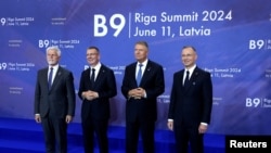 Президенты стран-участниц рижского саммита. Слева направо: Петр Павел (Чехия), Эдгар Ринкевич (Латвия), Клаус Йоханнис (Румыния) и Анджей Дуда (Польша). Рига, Латвия. 11 июня 2024 г. 