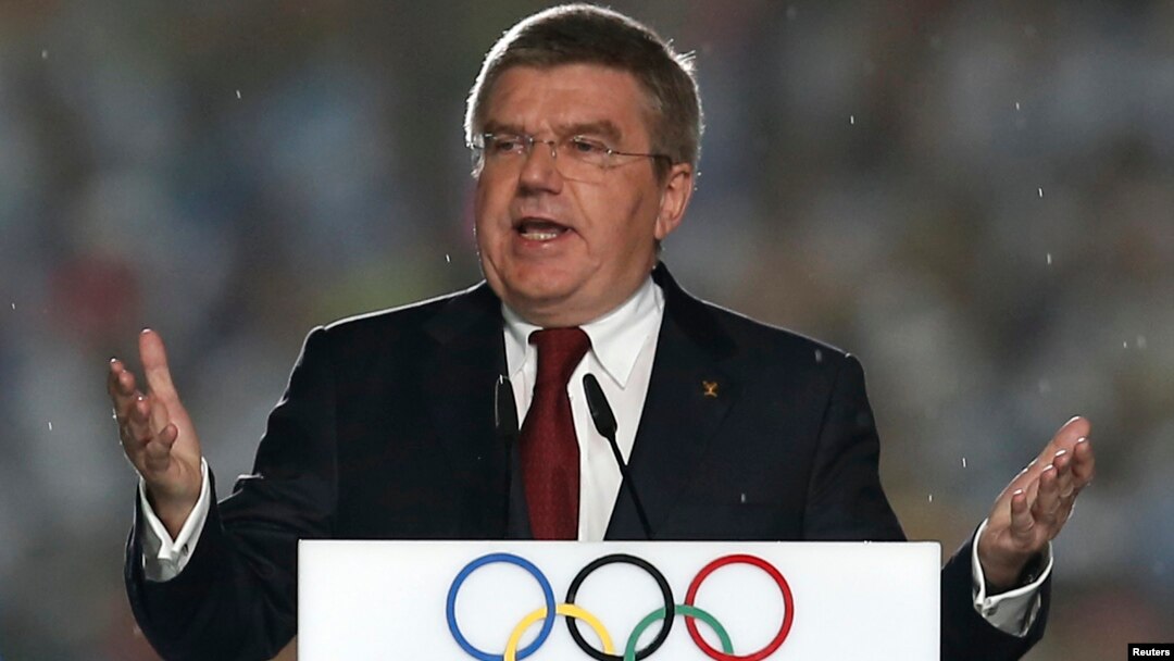 FILE - International Olympic Committee (IOC) President Thomas Bach delivers a speech during the closing ceremony of the 2014 Nanjing Youth Olympic Games in Nanjing, Jiangsu province, August 2014.