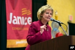FILE - Republican nominee Janice Arnold-Jones speaks in Albuquerque, N.M. Arnold-Jones has joined the primary race for an open congressional seat in central New Mexico, which is set to become one of the most diverse in the country, held by U.S. Rep. Michelle Lujan Grisham.