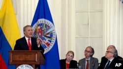 El presidente colombiano Iván Duque se dirige al Consejo Permanente de la Organización de Estados Americanos (OEA) durante una visita oficial a la sede del organismo en Washington, el 15 de febrero de 2019.