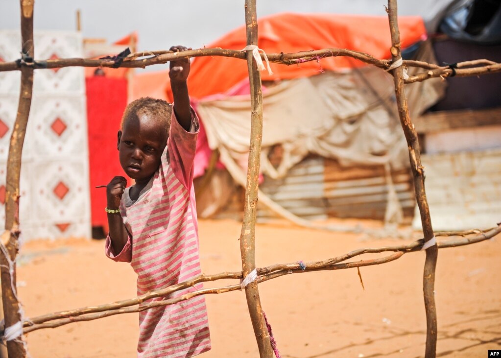 소말리아 모가디슈의 타와칼 임시 국내실향민 캠프에서 어린 소년이 울타리를 붙잡고 서 있다.