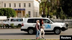 The United Nation vehicle carrying the Organization for the Prohibition of Chemical Weapons (OPCW) inspectors is seen in Damascus, Syria, April 17, 2018.