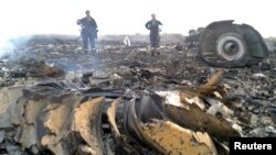 Ukrainian Emergencies Ministry personnel work at the site of the Malaysia Airlines Boeing 777 crash near the village of Grabovo in the Donetsk region, July 17, 2014.