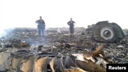 Ukrainian Emergencies Ministry personnel work at the site of the Malaysia Airlines Boeing 777 crash near the village of Grabovo in the Donetsk region, July 17, 2014.