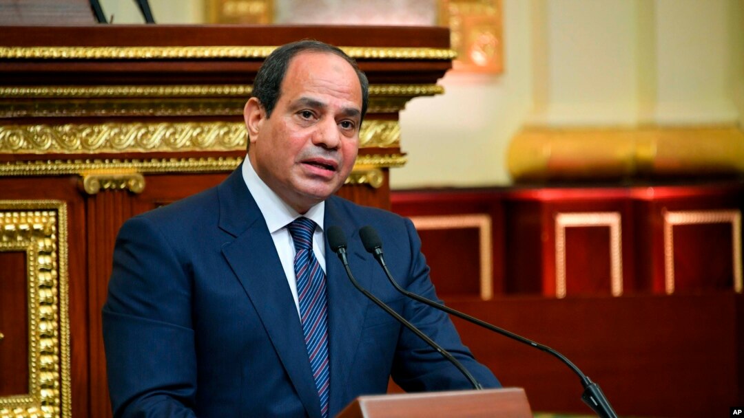 FILE - This photo provided by Egypt’s presidency media office, Egyptian President Abdel-Fattah el-Sissi addresses the chamber after he was sworn in for a second four-year term on June 2, 2018 in Cairo. 