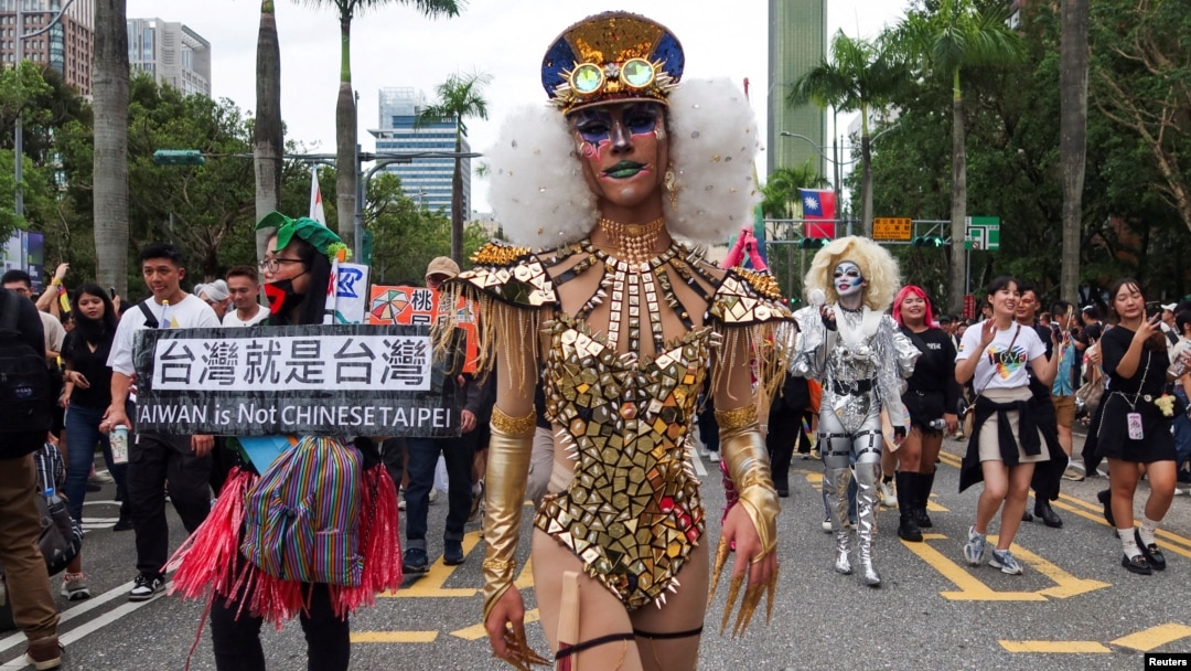 People wearing costumes participate in the annual Taiwan's Pride parade in Taipei, Taiwan, Oct. 26, 2024. 