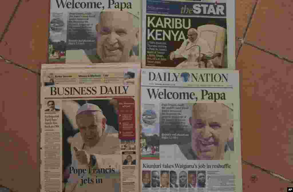 Kenyan daily newspapers' headlines show Pope Francis' visit, Nov. 25, 2015.