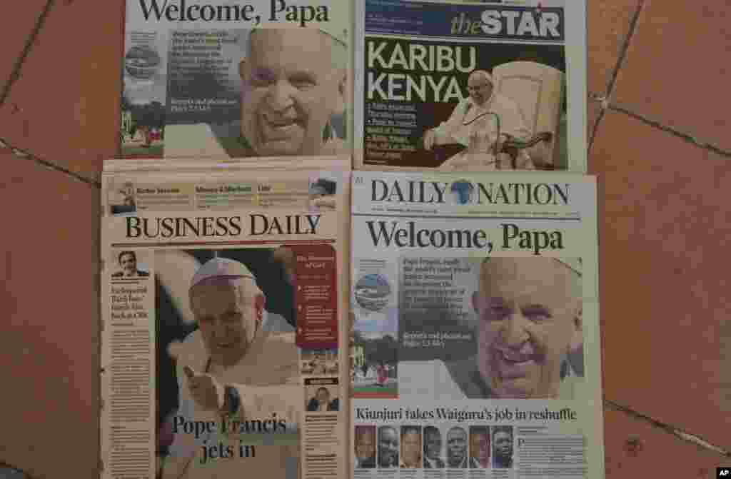 Kenyan daily newspapers&#39; headlines show Pope Francis&#39; visit, Nov. 25, 2015.
