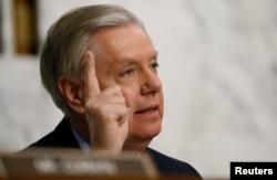 Senator Lindsey Graham, R-S.C., makes a point as he questions U.S. Supreme Court nominee Neil Gorsuch during Senate Judiciary Committee confirmation hearings on Capitol Hill in Washington, March 22, 2017.
