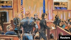 Desenho do interior do tribunal onde Donald Trump está a ser julgado, Nova Iorque, EUA