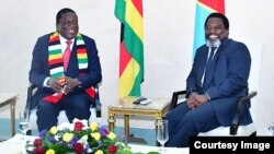 Le président zimbabwéen, Emmerson Mnangagwa, a effectué sa première visite officielle à Kinshasa où il a discuté de la coopération avec son homologue congolais, Joseph Kabila, le 28 février 2018. (Twitter/Présidence RDC)