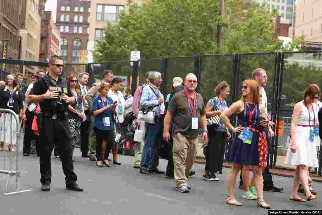Security lines were long to gain entrance to the Quicken Loans Arena for the Republican National Convention, whic began Monday in Cleveland, July 18, 2016.