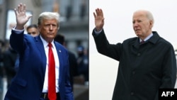Esta combinación de imágenes creada el 6 de marzo de 2024 muestra al expresidente estadounidense Donald Trump en la ciudad de Nueva York el 11 de enero de 2024 y al presidente estadounidense Joe Biden en Maryland, el 5 de marzo de 2024.