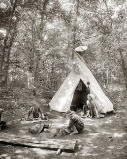 "A tepee, Wyndygoul -- Camp Flying Eagles," on the estate Ernest Thompson Seton, ca. 1908.