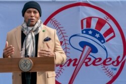 Baseball Hall of Fame inductee Mariano Rivera speaks to reporters at a COVID-19 vaccination site at Yankee Stadium, Feb. 5, 2021.
