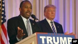 Former Republican presidential candidate Ben Carson speaks after announcing he will endorse Republican presidential candidate Donald Trump, during a news conference at the Mar-A-Lago Club, Friday, March 11, 2016, in Palm Beach, Fla. 