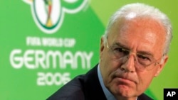 Soccer FIFA Investigation: FILE - In this June 29, 2006 file photo Franz Beckenbauer, then President of the German Organization Committee of the soccer World Cup briefs the media during a news conference at the Olympic Stadium in Berlin.