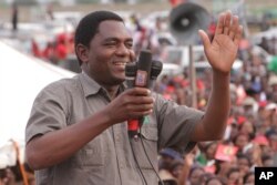 FILE - Hakainde Hichilema of the Zambia opposition United Party for National Development addresses an election rally in Lusaka, Zambia,Jan. 2015.