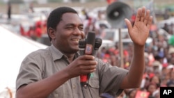 FILE - Hakainde Hichilema, of the Zambia opposition United Party for National Development, addresses an election rally in Lusaka, Zambia, Jan. 2015. Hichilema was detained in April on treason charges.