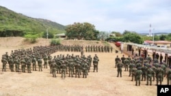 Colombian army troops line up for review in Cucuta, Catatumbo region, where former Revolutionary Armed Forces of Colombia holdouts retreated after being driven out by National Liberation Army rebels, on Jan. 25, 2025.