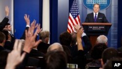 White House press secretary Sean Spicer listens to a question during the daily press briefing, March 30, 2017, at the White House in Washington.