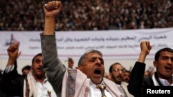 Followers of the Houthi movement shout slogans as they attend a gathering in Sanaa, Yemen, Jan. 30, 2015.