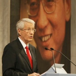 Norwegian Nobel committee chairman Thorbjoern Jagland speaks during the Nobel Peace Prize ceremony at Oslo City Hall