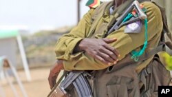 FILE - A Cameroonian soldier stands guard during the presidential election in Yaounde, Cameroon, Oct. 9. 2011