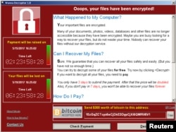 A screenshot shows a WannaCry ransomware demand, provided by cyber security firm Symantec, in Mountain View, California, May 15, 2017.