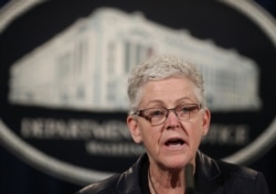FILE - Former Environmental Protection Agency Administrator Gina McCarthy speaks during a news conference in Washington, Jan. 11, 2017.