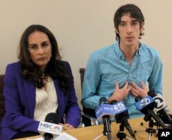 James Damore, right, a former Google engineer fired in 2017 after writing a memo about the biological differences between men and women, speaks at a news conference while his attorney, Harmeet Dhillon, listens, Jan. 8, 2018, in San Francisco.