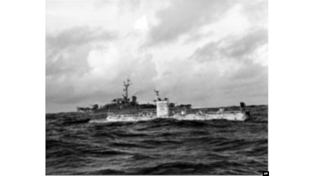 The Trieste right before her dive to 35,800 feet in the Challenger Trench in the Pacific Ocean near Guam.