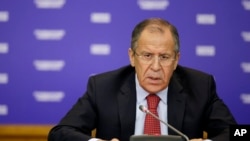 Russian Foreign Minister Sergei Lavrov delivers a public lecture at the Foreign Ministry's headquarters in Moscow Oct. 20, 2014.