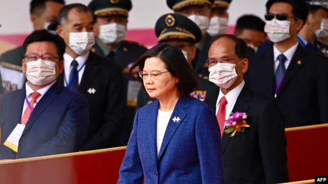 Taiwan's President Tsai Ing-wen attends national day celebrations in front of the Presidential Palace in Taipei, Oct. 10, 2021.
