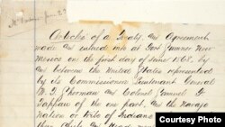 Detail of original copy of the U.S. Treaty with the Navajo, written on pages torn from an Army ledger on June 1, 1868 at Fort Sumner, NM. Courtesy, National Archives, Washington DC.