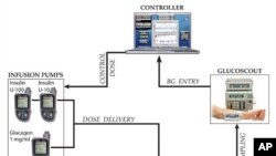 Depiction of the bi-hormonal closed-loop control system used in the clinical trial. The controller responded to venous blood glucose measured every five minutes using the FDA-approved GlucoScout (International Biomedical) and commanded insulin-glucagon co