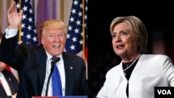 FILE - In this composite image, U.S. presidential candidates Donald Trump and Hillary Clinton speak to supporters following strong Super Tuesday performances, March 1, 2016.