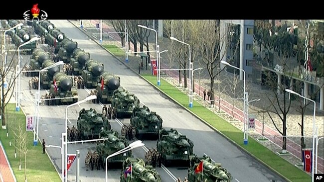 In this image made from video broadcast by North Korean broadcaster KRT, military vehicles prepare for a parade at Kim Il Sung Square in Pyongyang, April 15, 2017.