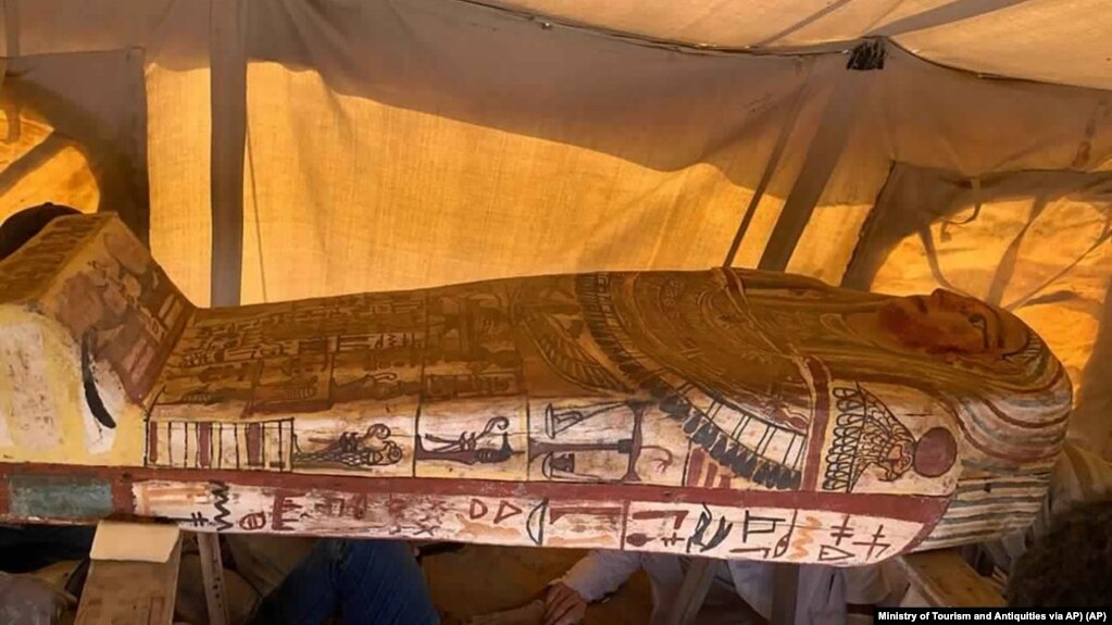 This Sept. 2020 photo provided by the Ministry of Tourism and Antiquities shows one of more than two dozen ancient coffins unearthed near the famed Step Pyramid of Djoser in Saqqara, south of Cairo, Egypt. (Ministry of Tourism and Antiquities via AP)